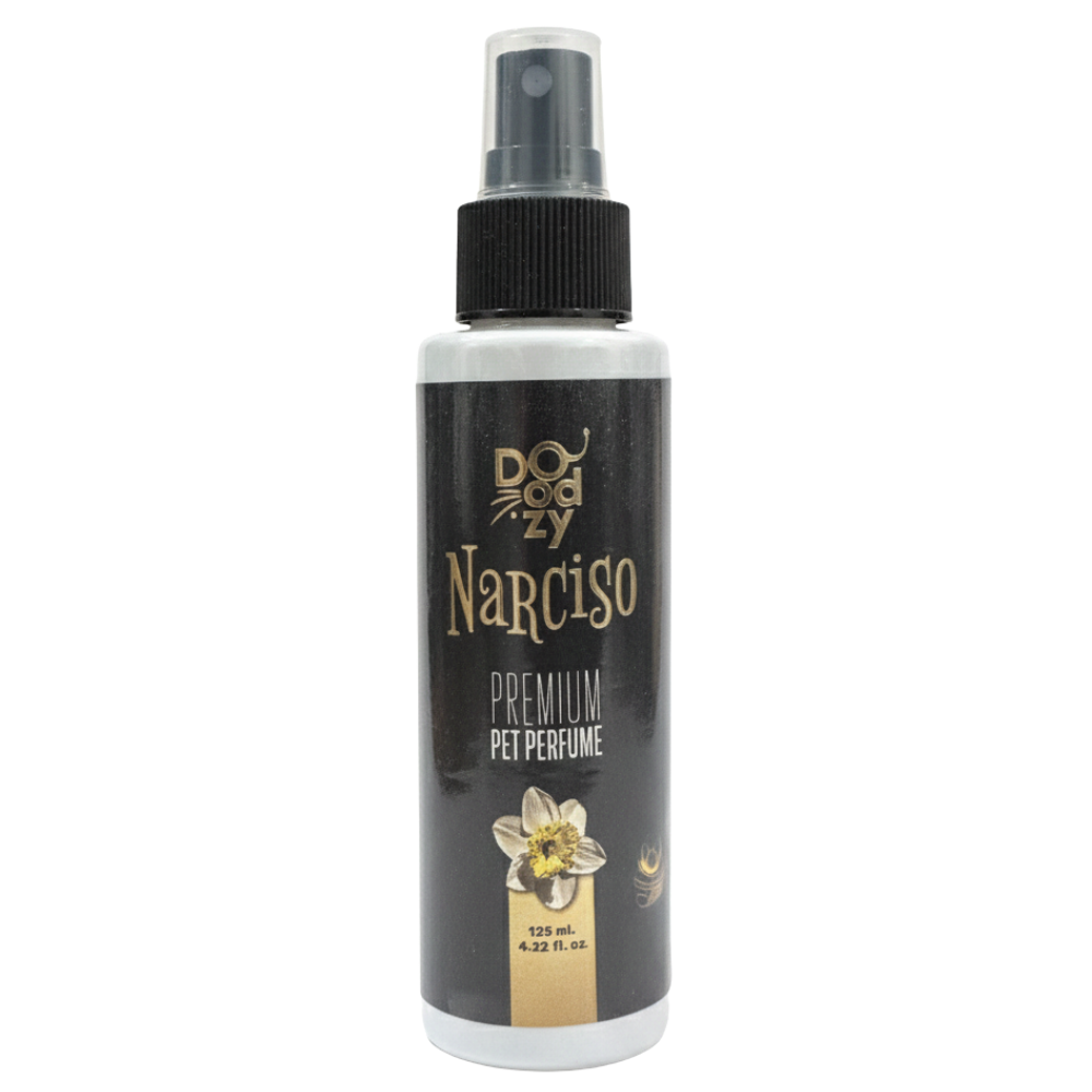 Pet perfume bottle labeled 'Narciso' by Dogzy on a white background
