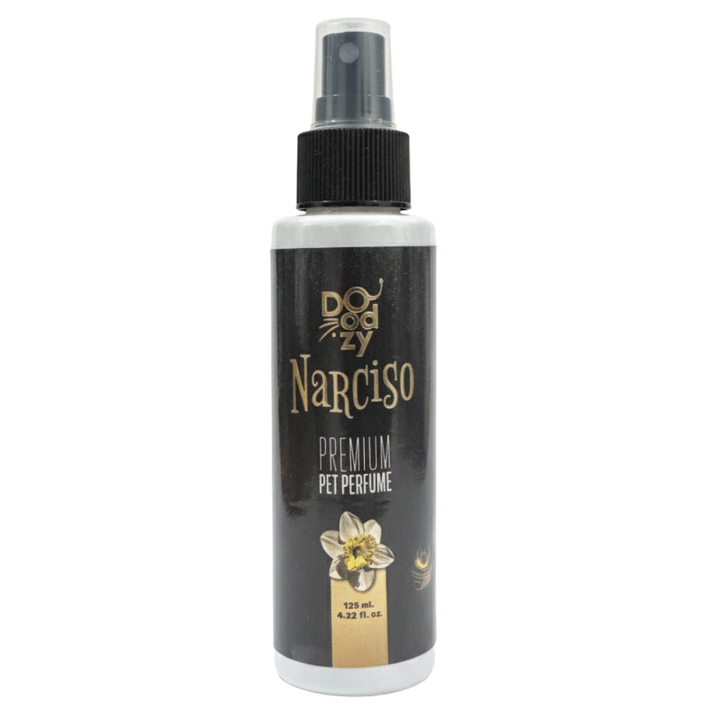 Pet perfume bottle labeled 'Narciso' by Dogzy on a white background
