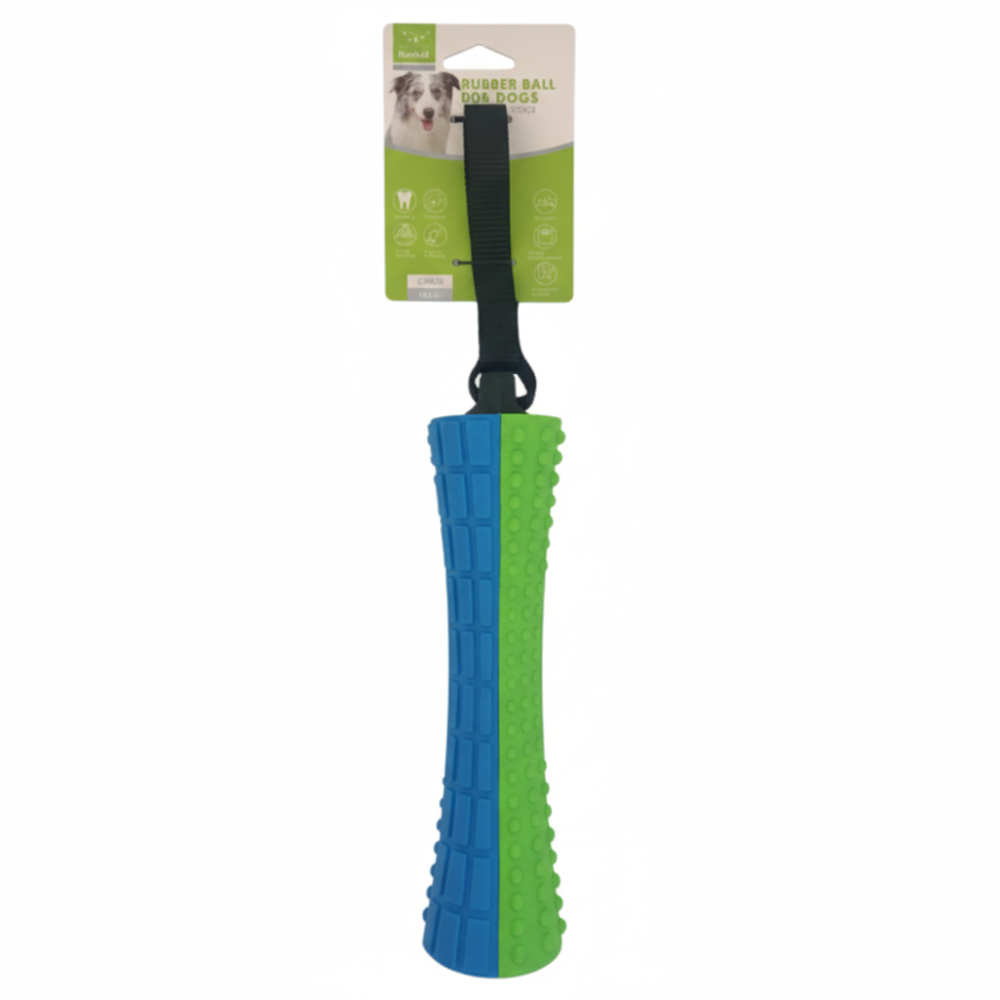 Dog toy with blue and green textured surface on a white background