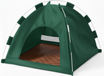 Green pet tent with a mesh door on a white background