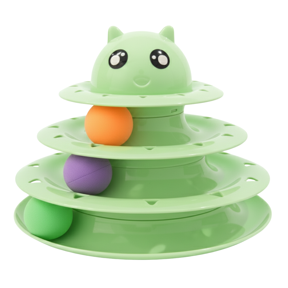 Green tiered toy with colorful balls on a white background