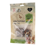 Package of duck meat treats for dogs with a dog and duck illustration on the label.