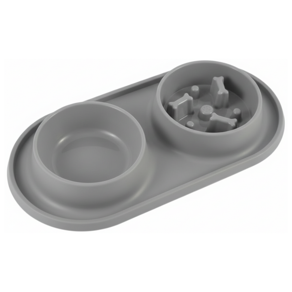 Gray silicone tray with two bowls on a white background