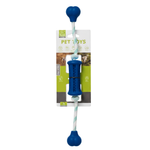 Blue pet toy with a label on a white background