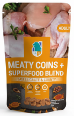 Dog food package with 'Meaty Coins + Superfood Blend' text on a white background
