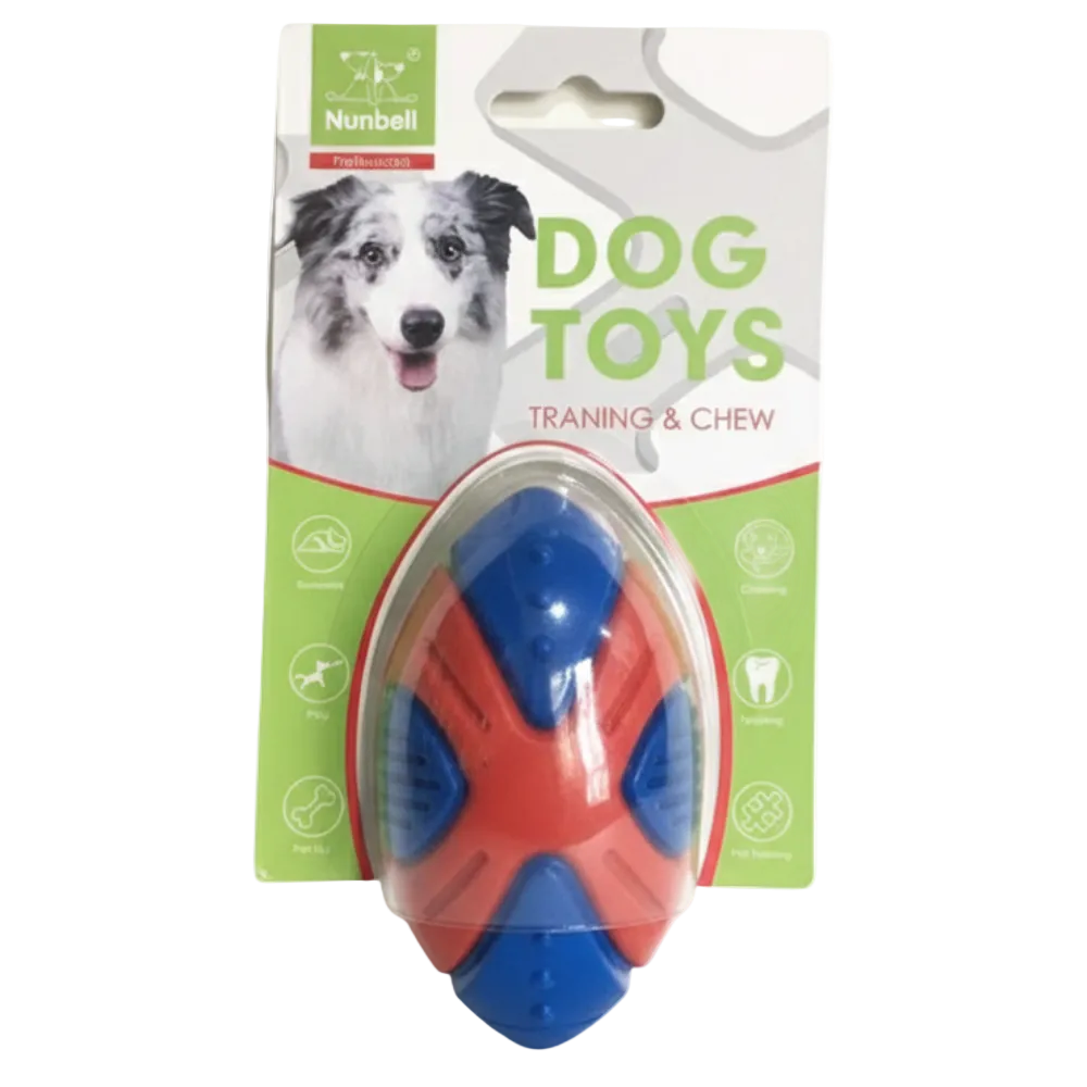 Dog toy packaging with Nunbell branding and a dog illustration on a white background