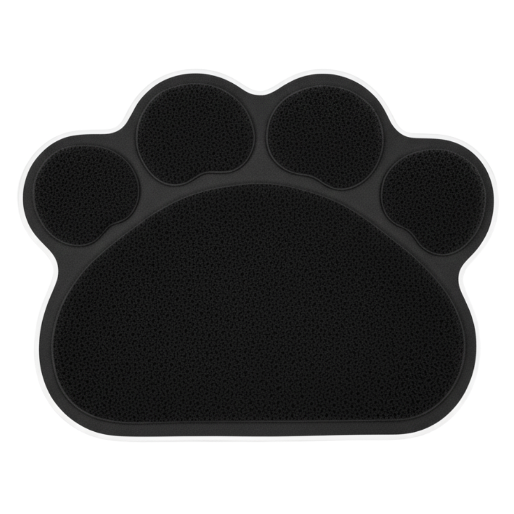 Black paw-shaped mat on a white background