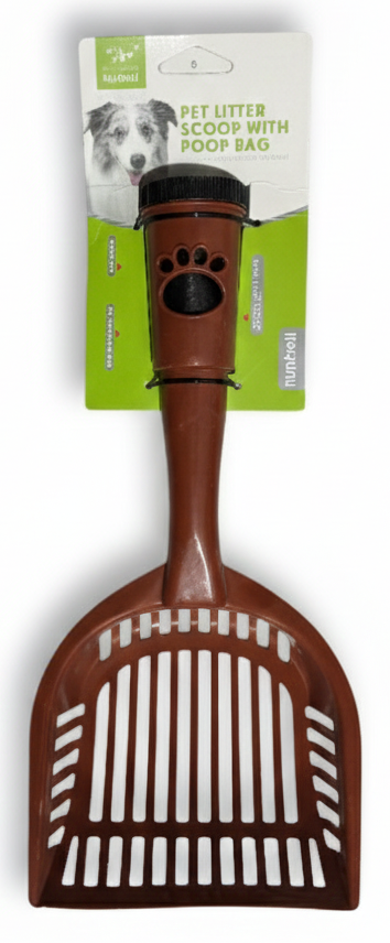 Brown plastic scoop with packaging on a white background