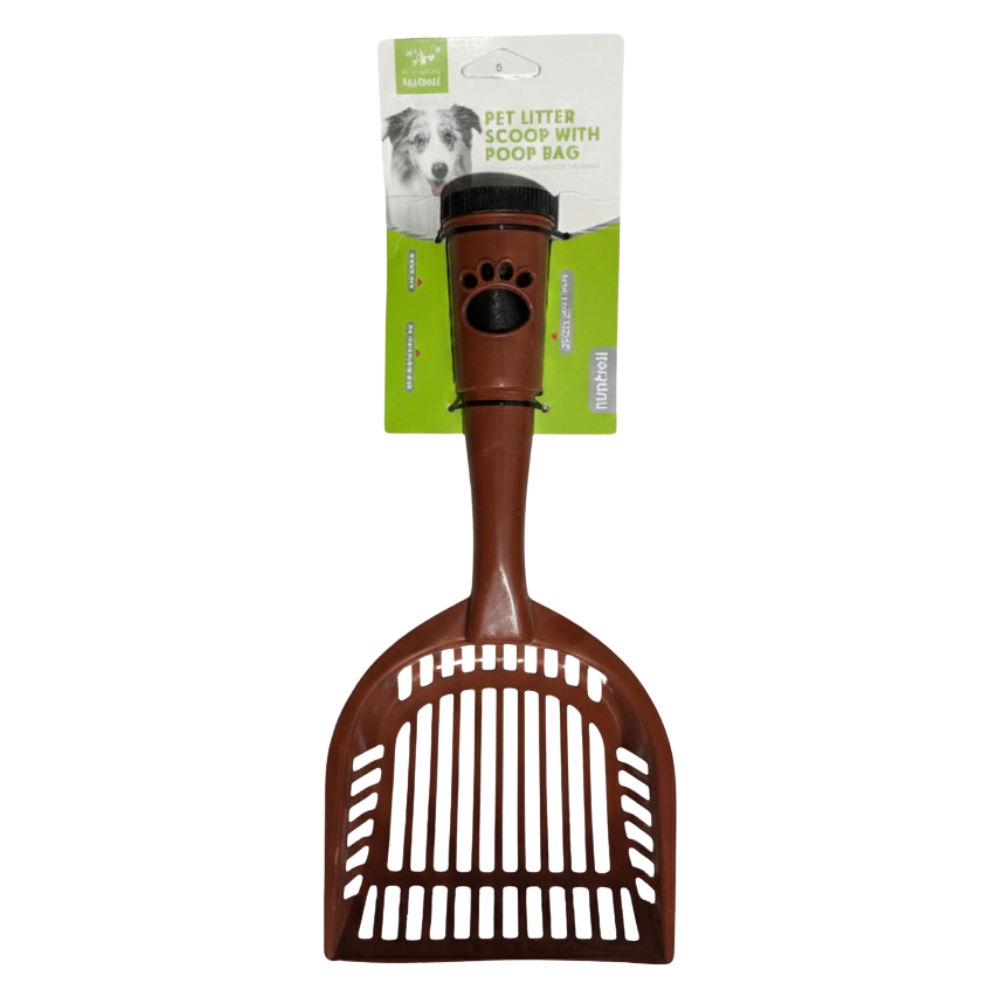 Brown plastic scoop with packaging on a white background