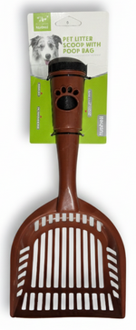 Brown plastic scoop with packaging on a white background