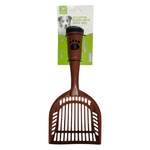 Brown plastic scoop with packaging on a white background