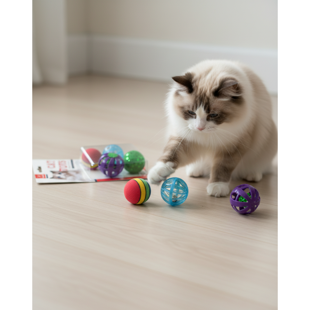 Cat playing with colorful balls on a wooden floor