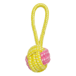 Yellow and pink rope ball toy on a white background