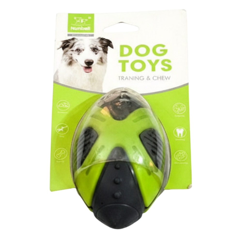 Dog toy with packaging featuring a dog and text on a white background