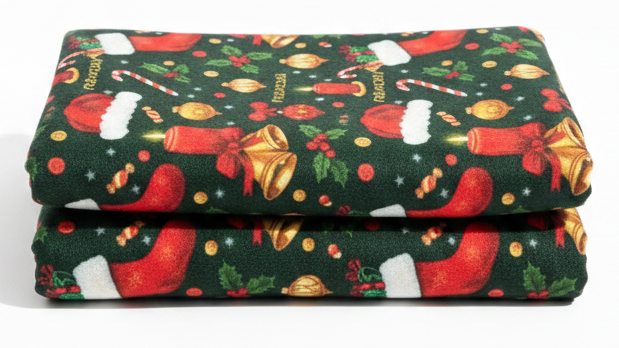 Folded fabric with Christmas pattern on a white background