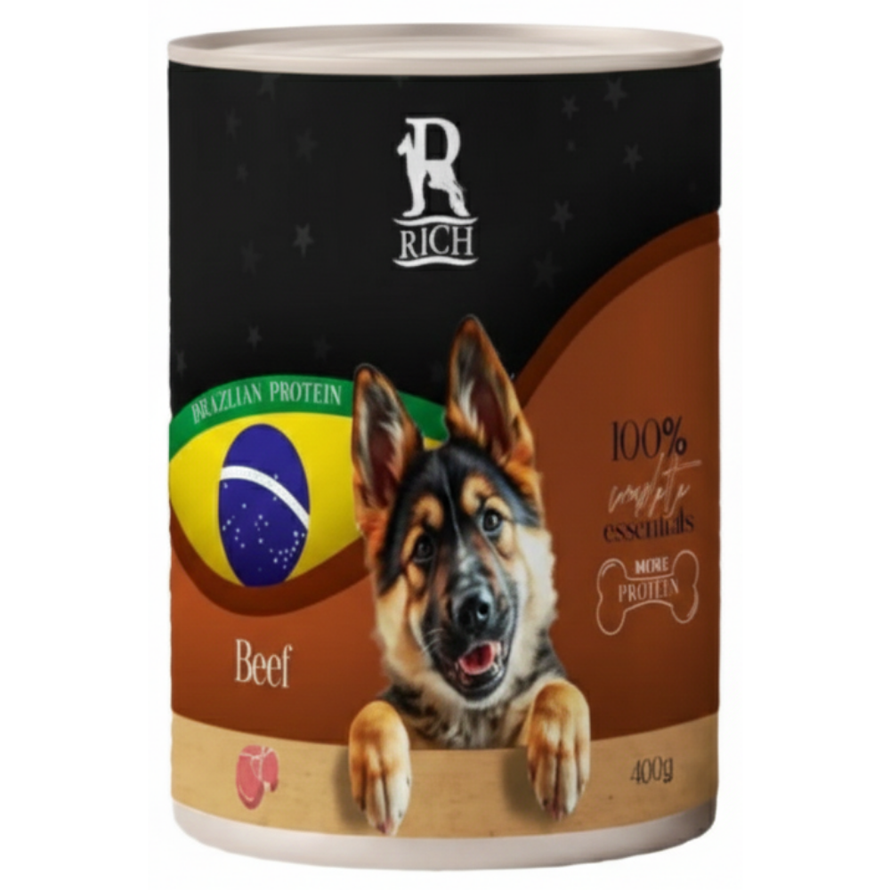 Dog food canister with a label featuring a dog and text on a white background