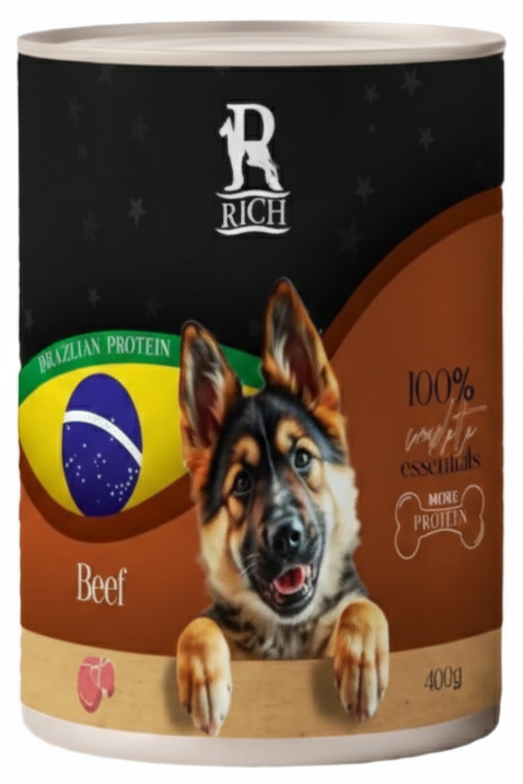 Dog food canister with a dog on the label, featuring Brazilian protein and beef.