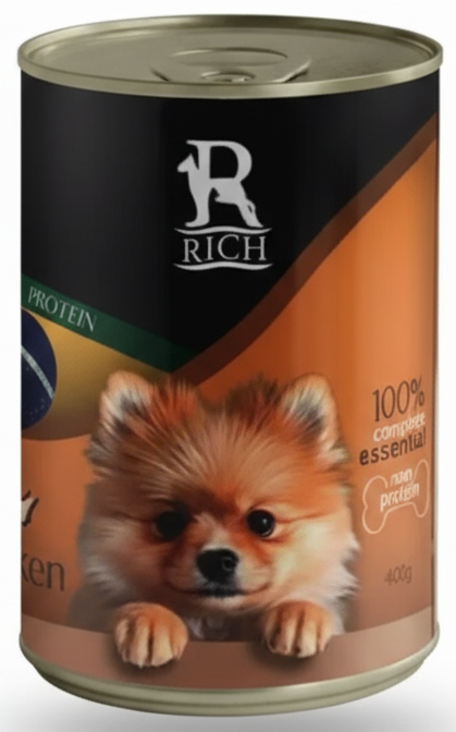 Can of dog food with Rich branding and a puppy illustration on the label.