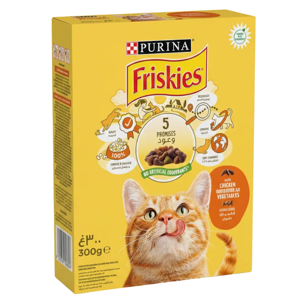 Box of Purina Friskies cat food with a yellow background and cat illustration.