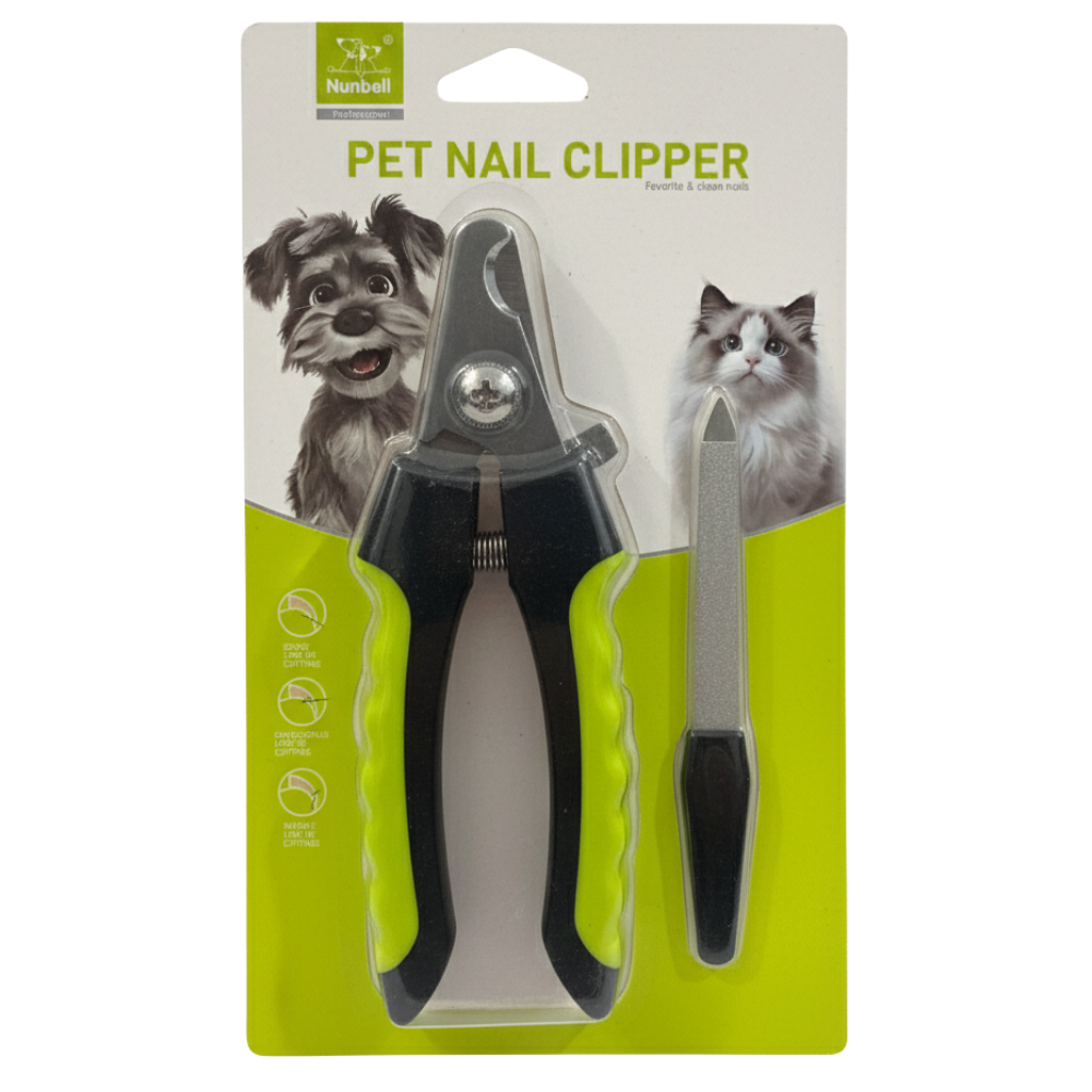 Pet nail clipper with packaging featuring images of a dog and a cat.