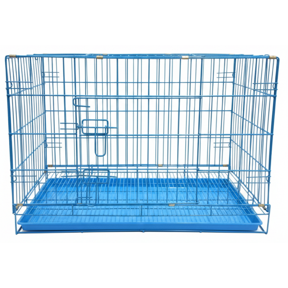 Blue metal wire pet cage on a white background