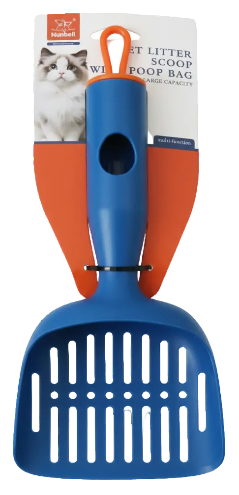 Blue cat litter scoop with orange handle on a white background