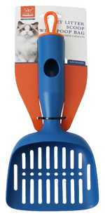 Blue cat litter scoop with orange handle on a white background