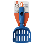 Blue cat litter scoop with orange handle on a white background