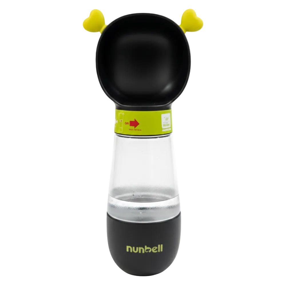 Black and yellow pet water bottle with 'nunbell' branding on a white background