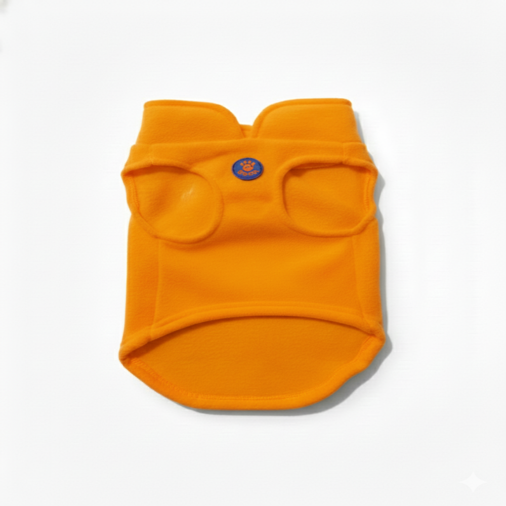 Orange dog sweater with a brand logo on a white background