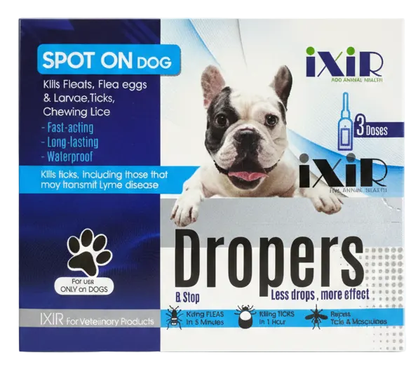 Ixir Dropers packaging for dogs on a white background