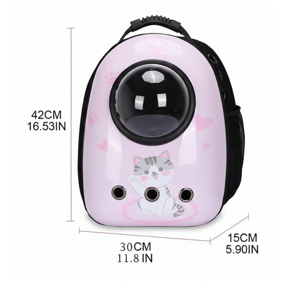 Pink pet carrier with dimensions on a white background