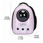 Pink pet carrier with dimensions on a white background