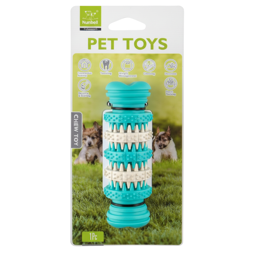 Pet toy with 'Nubbell' branding on a packaging background featuring dogs.