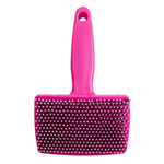 Pink pet grooming brush with a white background