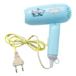 Blue hair dryer with yellow cord on a white background