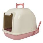 Pink and beige pet litter box with a handle on a white background