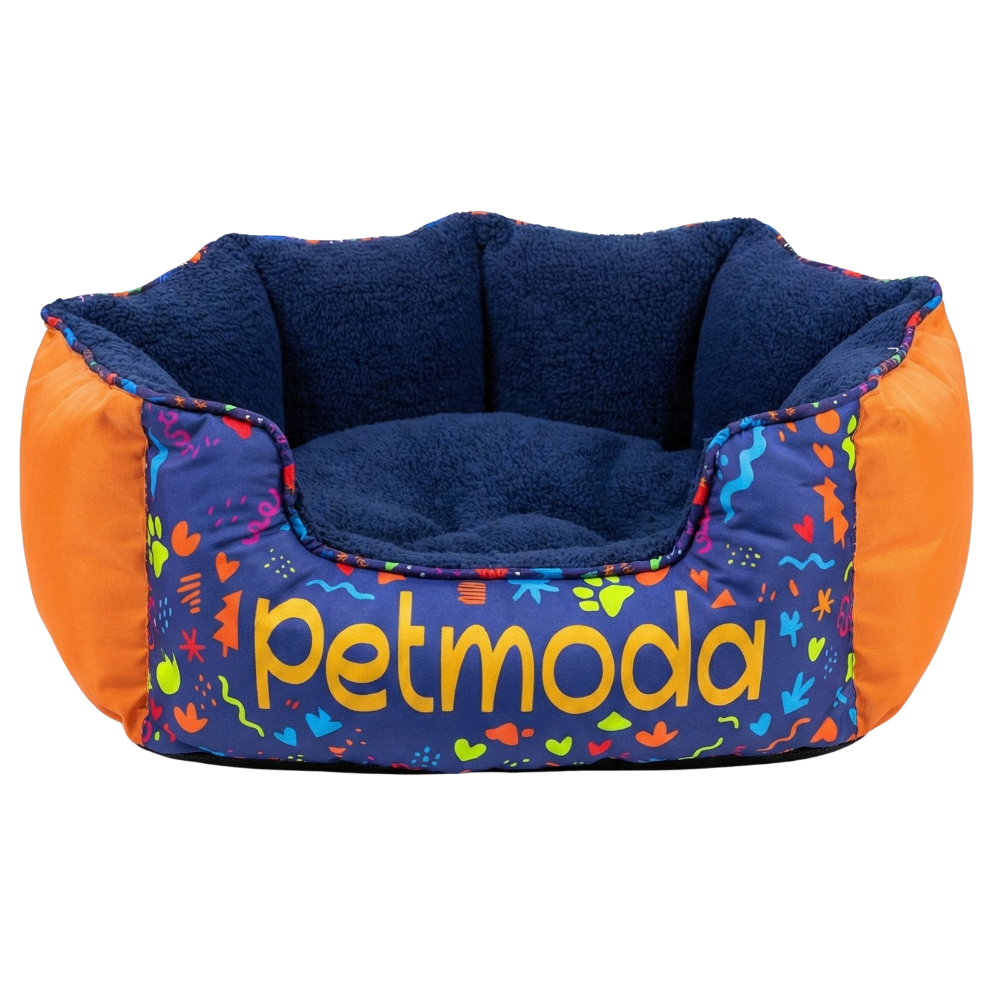 Colorful pet bed with 'petmoda' branding on a white background