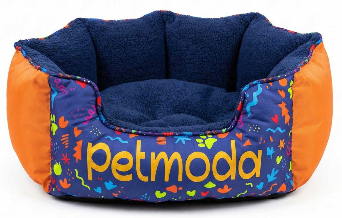 Colorful pet bed with 'petmoda' branding on a white background