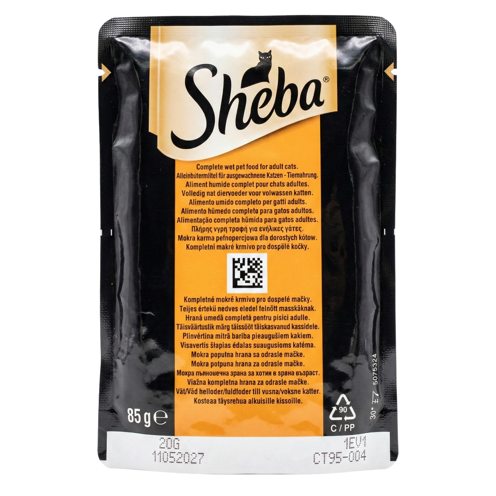 Sheba cat food packaging on a white background