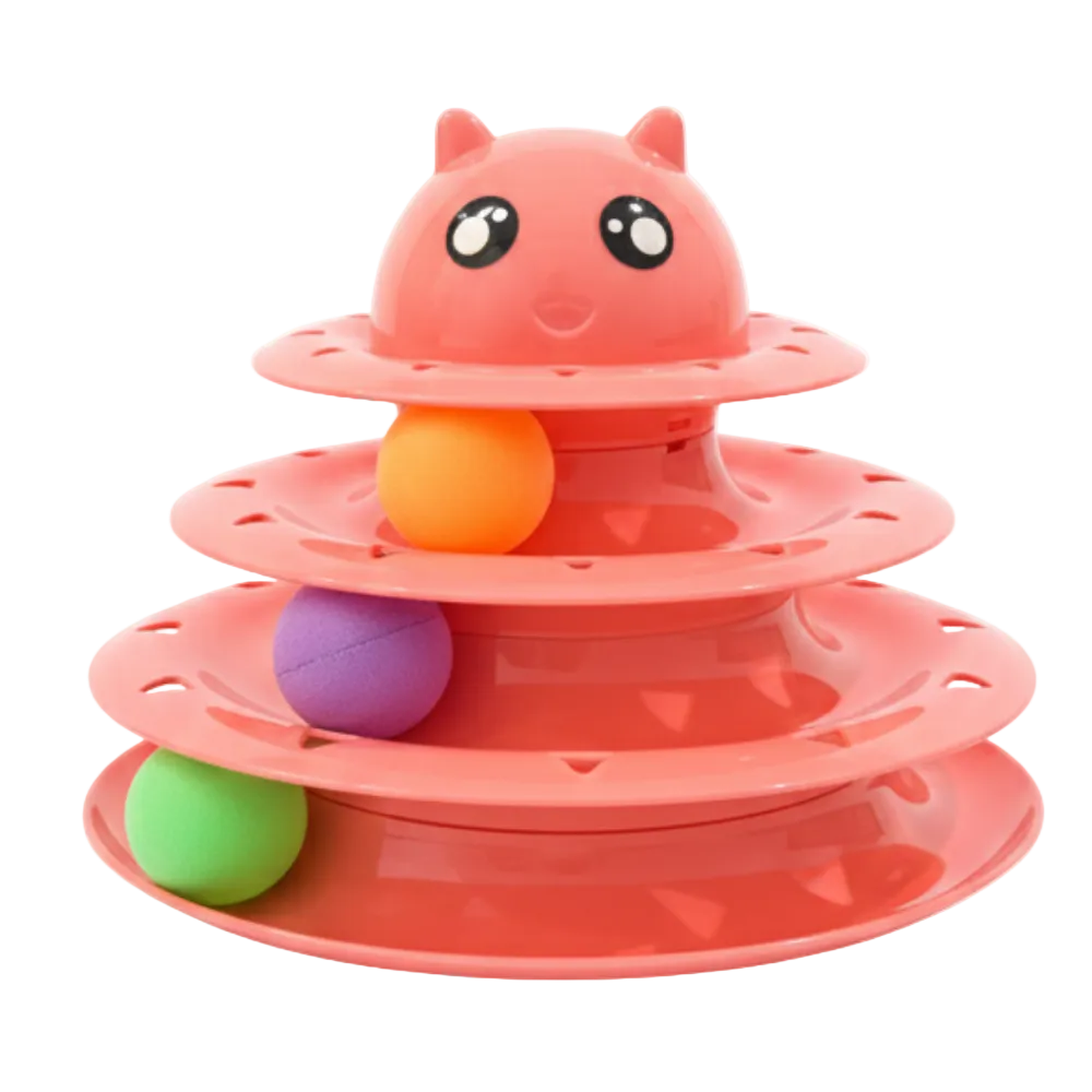 Pink cat toy with three tiers and colorful balls on a white background