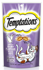 Temptations cat treat package with a purple background