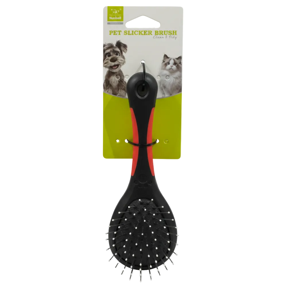 Pet slicker brush with packaging featuring images of a dog and a cat.