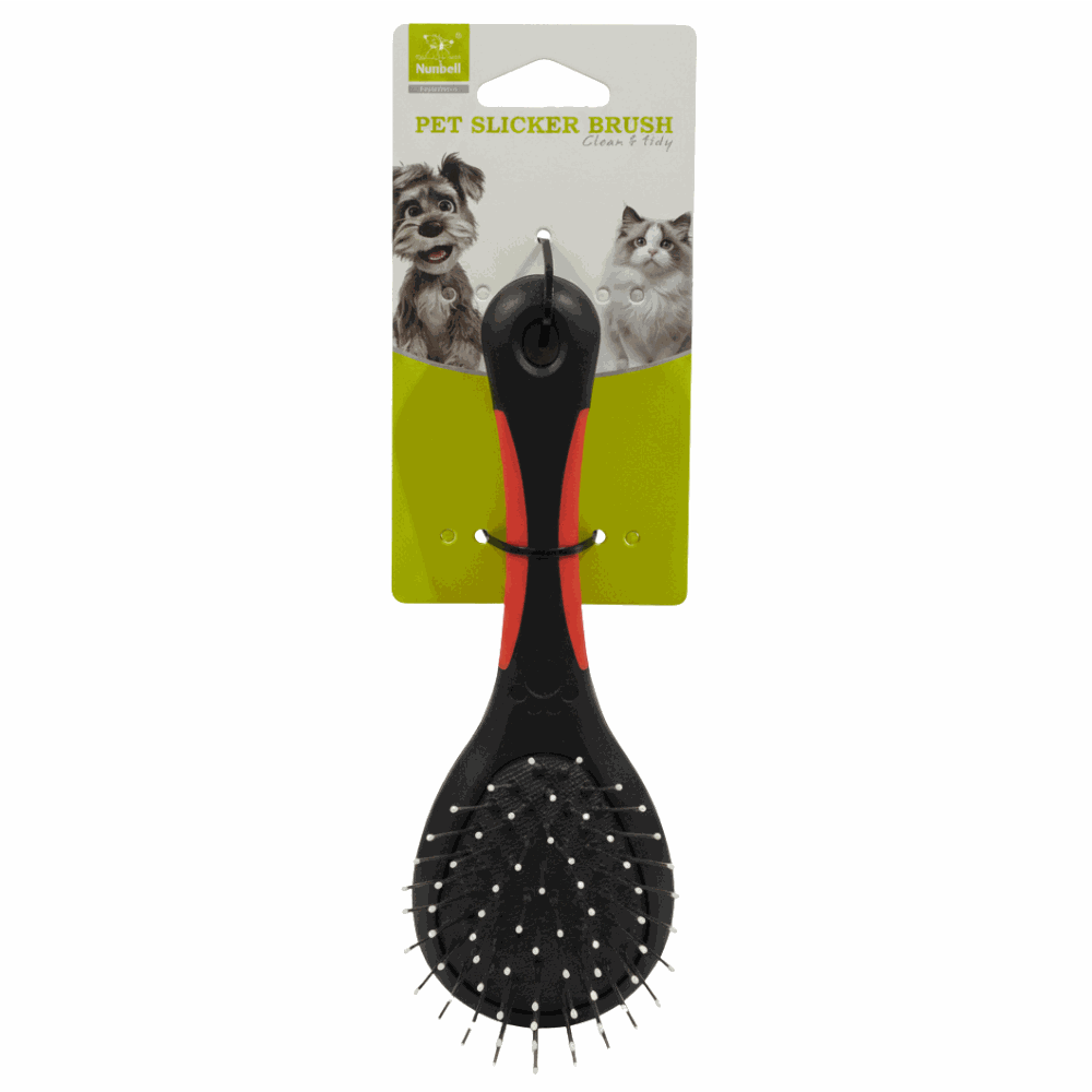 Pet slicker brush with packaging featuring images of a dog and a cat.