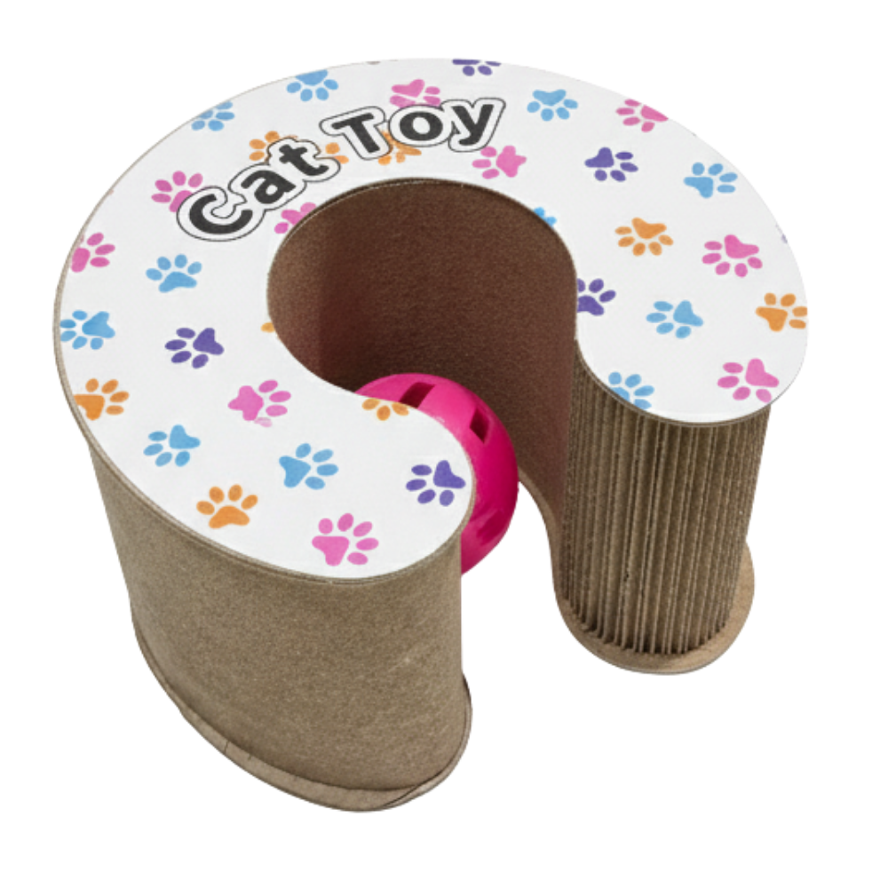 Cat toy made of cardboard with a colorful paw print design on a white background