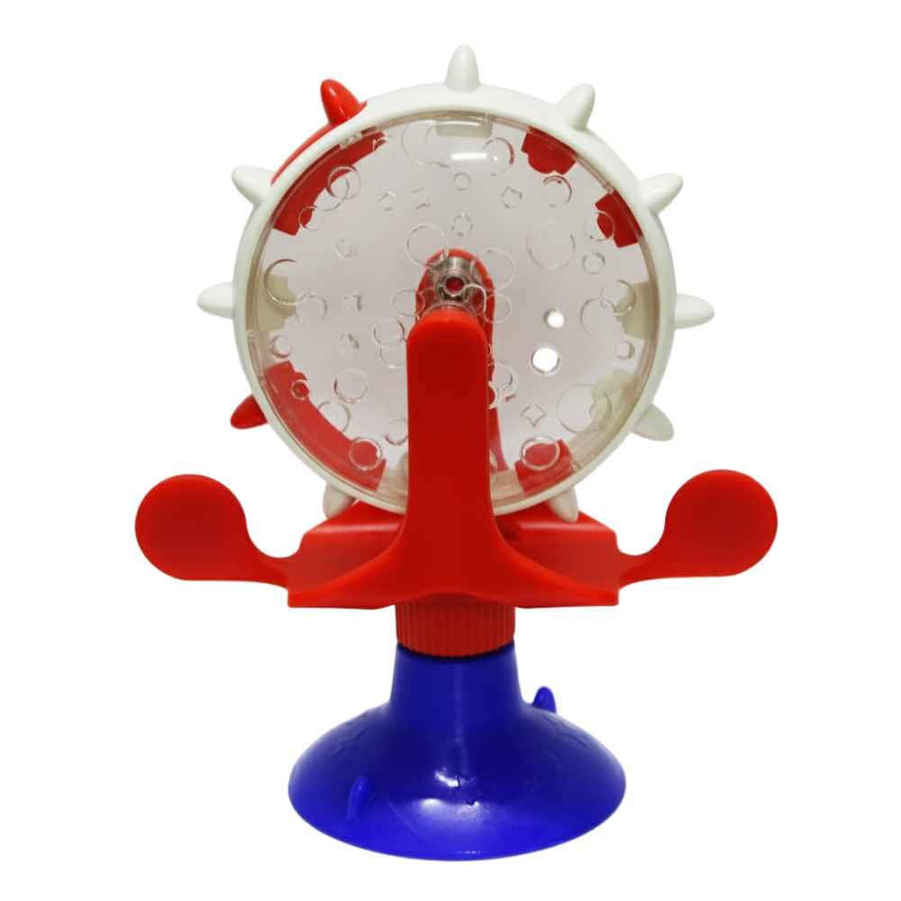Red and blue plastic toy with a white central wheel on a white background