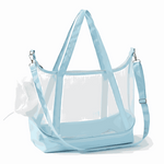 Light blue mesh tote bag with straps on a white background