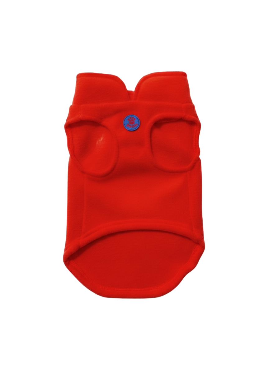 Red dog coat with a blue brand logo on a white background