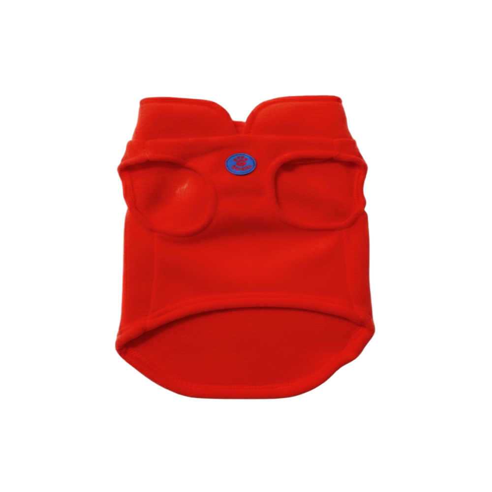 Red dog coat with a blue brand logo on a white background