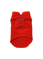 Red dog coat with a blue brand logo on a white background